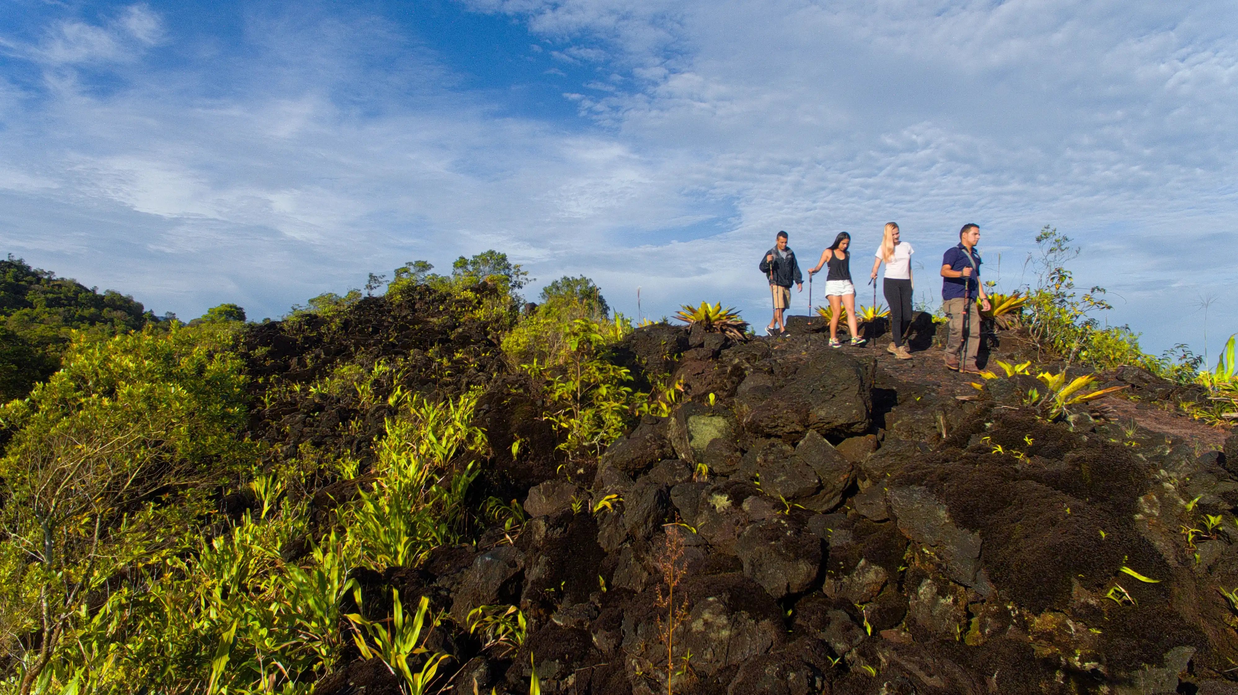 Guided hike on the Arenal lava trail Hikers on a marked trail in Arenal Volcano National Park