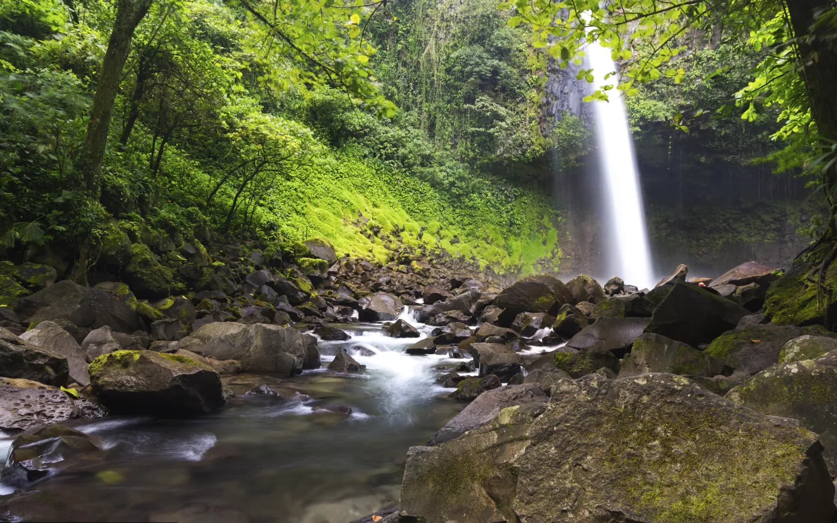 Steps down to La Fortuna Waterfall View of La Fortuna Waterfall from the rocks at its base
