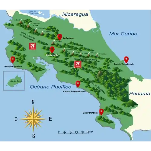 Map of Costa Rica with mountain ranges and destinations